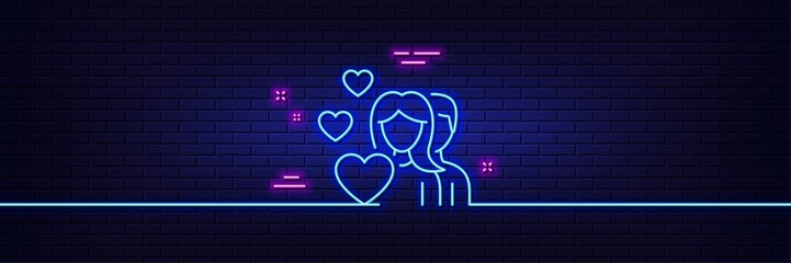 Neon light glow effect. Couple Love line icon. Group of People sign. Valentines day symbol. 3d line neon glow icon. Brick wall banner. Couple outline. Vector