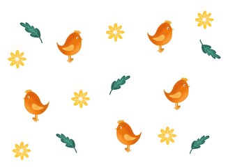 Set of colorful birds and flowers isolated on white background