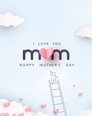 Mum postcard with paper flying elements, child and balloon on blue sky background. Vector symbols of love in shape of heart for Happy Mother's Day greeting card design