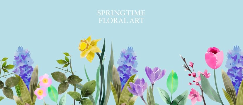 springtime background, spring floral border, summer painting flowers watercolor, isolated spring illustration