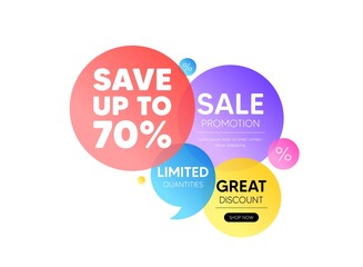 Discount offer bubble banner. Save up to 70 percent tag. Discount Sale offer price sign. Special offer symbol. Promo coupon banner. Discount round tag. Quote shape element. Vector