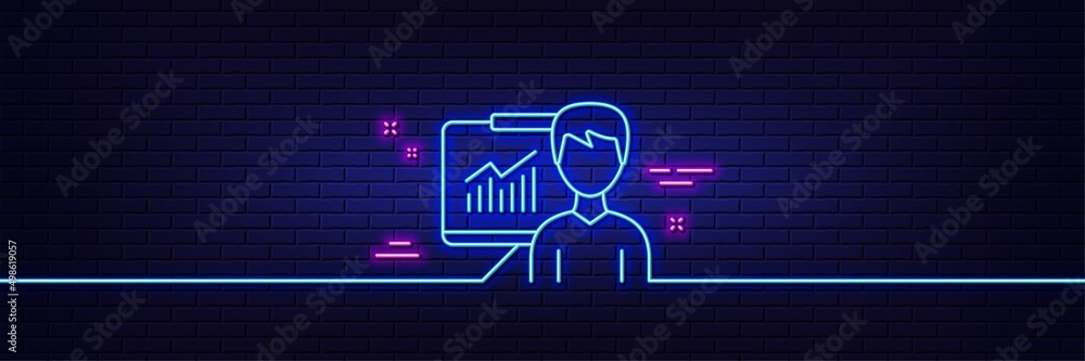 Poster neon light glow effect. presentation line icon. education board sign. lecture with charts symbol. 3d