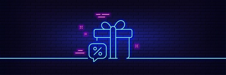 Neon light glow effect. Sale gift line icon. Discount offer sign. Promotion price symbol. 3d line neon glow icon. Brick wall banner. Sale gift outline. Vector