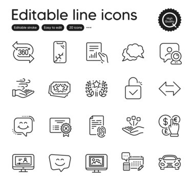 Set of Technology outline icons. Contains icons as Loyalty points, Consolidation and Photo thumbnail elements. Document, Ranking, 360 degree web signs. Chat message, Video conference. Vector