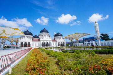Baiturrahman Banda Aceh Great Mosque view from the flower, Indonesia.