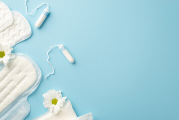 Top view photo of camomile buds sanitary napkins and tampons on isolated pastel blue background with empty space - obrazy, fototapety, plakaty