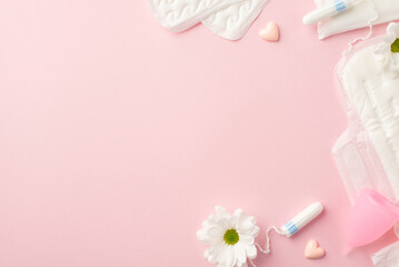 Top view photo of camomile flower buds panty liners small hearts menstrual cup sanitary napkins and tampons on isolated pastel pink background with blank space