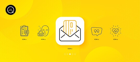 Fototapeta na wymiar Quote bubble, Heartbeat and Credit card minimal line icons. Yellow abstract background. Face cream, Eye checklist icons. For web, application, printing. Chat comment, Medical heart, Mail. Gel. Vector