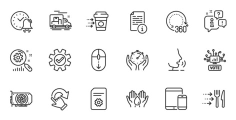Outline set of Online voting, Food delivery and Timer line icons for web application. Talk, information, delivery truck outline icon. Include Mobile devices, File settings, Alarm bell icons. Vector