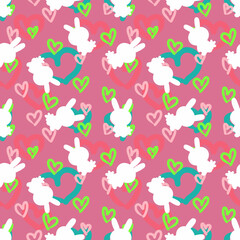 Bright colorful festive Easter seamless pattern with bunnies silhouettes and hearts. Perfect for T-shirt, textile and print. Hand drawn illustration for decor and design.
