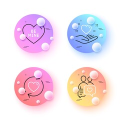 Hold heart, Update relationships and Be mine minimal line icons. 3d spheres or balls buttons. Dating chat icons. For web, application, printing. Friendship, Refresh love, Love sweetheart. Vector