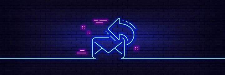 Neon light glow effect. Share mail line icon. New newsletter sign. Phone E-mail symbol. 3d line neon glow icon. Brick wall banner. Share mail outline. Vector