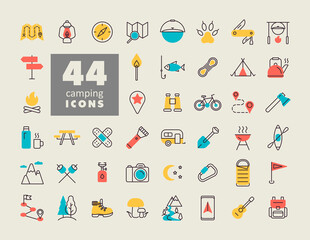 Camping, Hiking and Outdoor Activities icons set