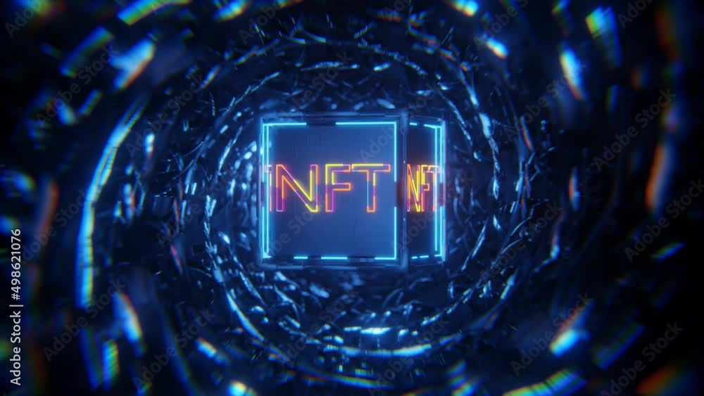 Poster the rotation of the cube with neon nft inscription in the technological tunnel. seamless animation.