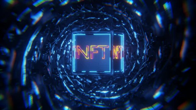 The rotation of the cube with Neon NFT inscription in the technological tunnel. Seamless animation.
