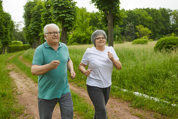 Happy elderly couple retired running in the park in the fresh air. Retirees in sportswear jogging...
