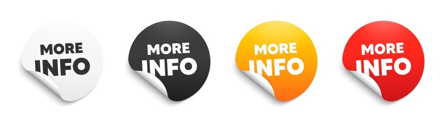 More info text. Round sticker badge with offer. Navigation sign. Read description symbol. Paper label banner. More info adhesive tag. Vector