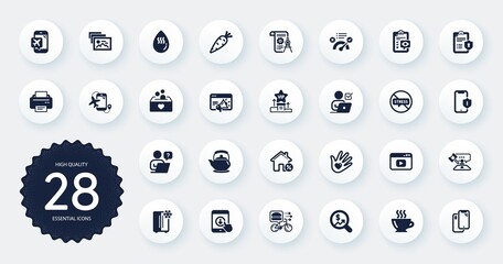 Set of Business icons, such as Flights application, Refrigerator and Vip podium flat icons. Smartphone protection, Hot water, Donation web elements. Divider document, Carrot, Teapot signs. Vector