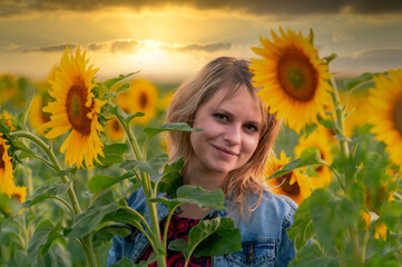 woman on the meadow, beautiful woman, sun, sunflowers in the meadow, woman in sunflowers