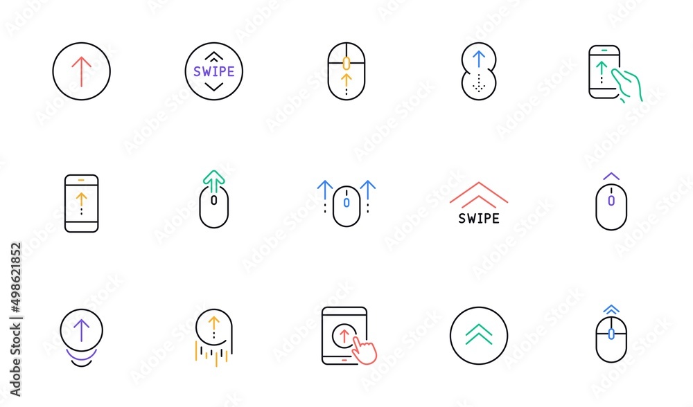 Poster swipe up line icons. scrolling mouse, landing page swipe signs. scroll up mobile device technology i