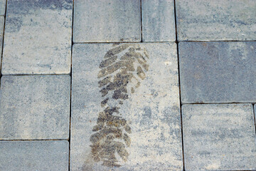 a wet footprint from a shoe on the sidewalk. a boot print on the road.