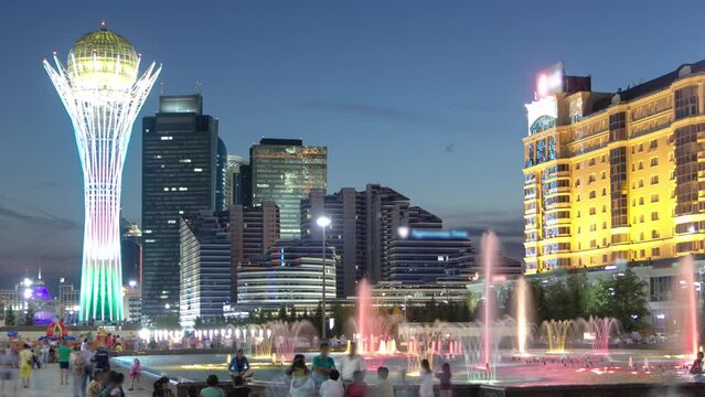 Bayterek Tower and fountain show at night timelapse. Astana, Kazakhstan.