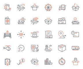 Transportation icons set. Included icon as Parcel delivery, Inventory checklist and Passport web elements. Wholesale inventory, Cardboard box, Lighthouse icons. Travel compass. Vector