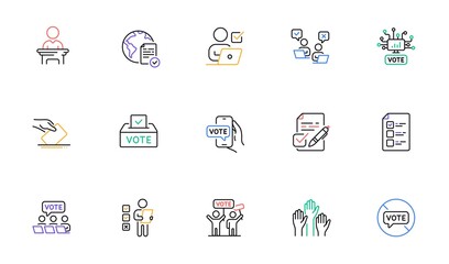 Voting line icons. Public Election, Vote Box, Ballot Paper icons. Candidate, Politics voting and People vote. Government election, Raised hands, Document checklist. Online poll result. Vector