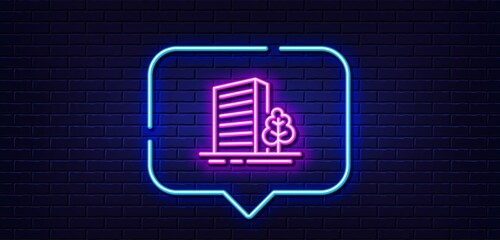 Neon light speech bubble. Buildings line icon. City architecture with tree sign. Skyscraper building symbol. Neon light background. Buildings glow line. Brick wall banner. Vector