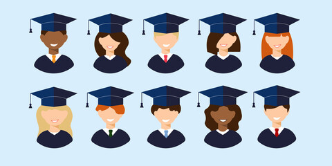Man and woman graduates in gown and hat. Graduation girl and guy education icon set collection in flat style. Different races students of the world portraits multinational union concept.