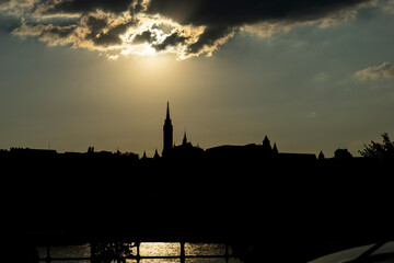 Naklejka premium Prague silhouette during epic sunset. View of the cathedral of St. Peter and St. Paul at night. 