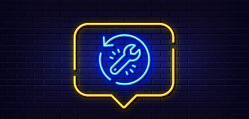Neon light speech bubble. Recovery tool line icon. Backup data sign. Restore information symbol. Neon light background. Recovery tool glow line. Brick wall banner. Vector