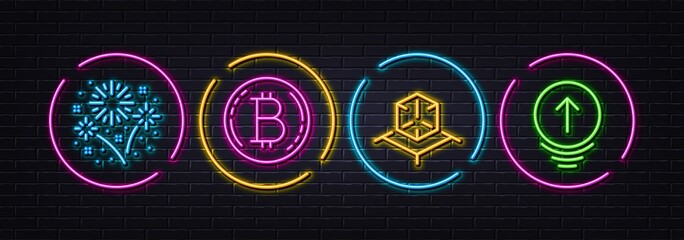 Bitcoin, Augmented reality and Fireworks minimal line icons. Neon laser 3d lights. Swipe up icons. For web, application, printing. Cryptocurrency coin, Virtual reality, Pyrotechnic salute. Vector