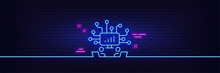 Neon light glow effect. Teamwork line icon. Remote office sign. Team employees symbol. 3d line neon glow icon. Brick wall banner. Teamwork outline. Vector