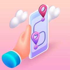 Trending 3D Isometric Illustration. Hand holding mobile smart phone app. 3D web vector icons