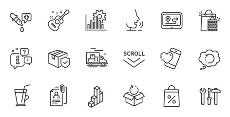 Outline set of Parcel insurance, Shopping bag and Spanner tool line icons for web application. Talk, information, delivery truck outline icon. Vector