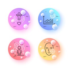 Volunteer, Coronavirus statistics and Problem skin minimal line icons. 3d spheres or balls buttons. Difficult stress icons. For web, application, printing. Vector