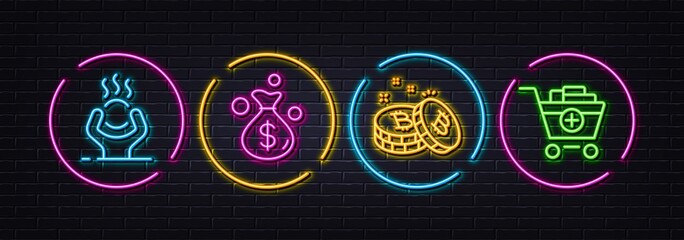 Bitcoin, Money bag and Difficult stress minimal line icons. Neon laser 3d lights. Add products icons. For web, application, printing. Cryptocurrency coin, Investment, Mind anxiety. Vector