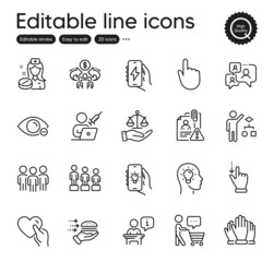 Set of People outline icons. Contains icons as Buyer think, Search employee and Group elements. Myopia, Algorithm, Sharing economy web signs. Equality, Charging app, Idea head elements. Vector