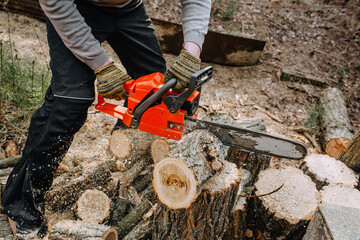 Lumberjack man, professional saws logs holding a red chainsaw in his hand, trees at the workplace in the forest.