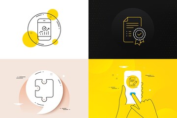 Minimal set of Certificate, Puzzle and Smartphone statistics line icons. Phone screen, Quote banners. Copywriting icons. For web development. Verified document, Puzzle piece, Mobile business. Vector