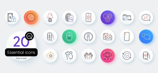 Simple set of Like, Ranking and Mindfulness stress line icons. Include Support, Messenger, Table lamp icons. Approved, Sleep, Health app web elements. Swipe up, Timer, Smartphone cover. Vector