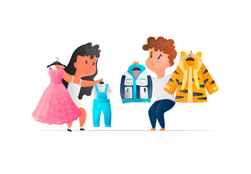 Vector isolated illustration with a girl and a boy who are choosing and trying on clothes. The concept of buying clothes, fashion for children, etc. can be used in web design, banners, etc.