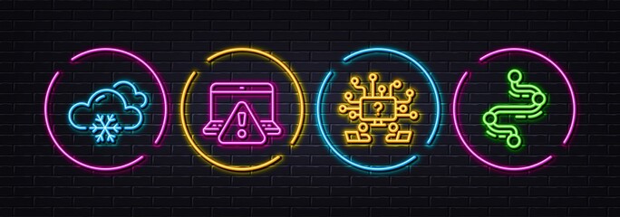 Teamwork question, Snow weather and Online warning minimal line icons. Neon laser 3d lights. Timeline icons. For web, application, printing. Remote work, Snowflake, Website alert. Journey path. Vector