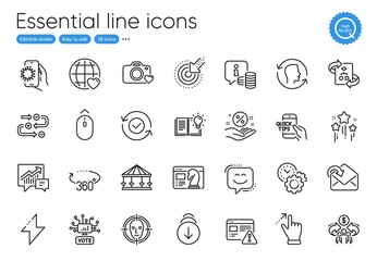 Energy, Loan percent and Online voting line icons. Collection of Carousels, Covid app, Stars icons. Time management, Photo camera, Sharing economy web elements. 360 degrees, Education. Vector