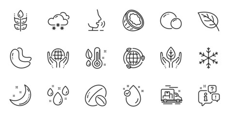Outline set of Rainy weather, Eco energy and Soy nut line icons for web application. Talk, information, delivery truck outline icon. Include Vitamin e, Peas, Organic tested icons. Vector