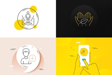 Minimal set of Augmented reality, Clapping hands and Add person line icons. Phone screen, Quote banners. Fair trade icons. For web development. Phone simulation, Clap, Edit user data. Vector