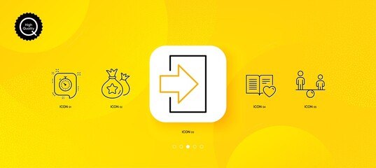 Equity, Love book and Loyalty points minimal line icons. Yellow abstract background. Timer, Login icons. For web, application, printing. Social equality, Customer feedback, Money bags. Vector