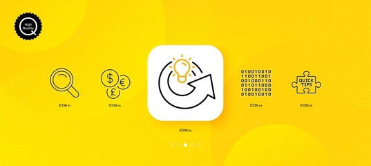 Fototapeta na wymiar Quick tips, Share idea and Binary code minimal line icons. Yellow abstract background. Money currency, Search icons. For web, application, printing. Tutorials, Solution, Programming data. Vector