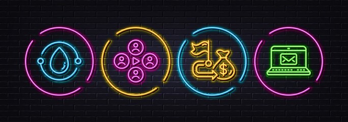 Financial goal, Cold-pressed oil and Video conference minimal line icons. Neon laser 3d lights. E-mail icons. For web, application, printing. Money budget, Organic tested, Online business. Vector